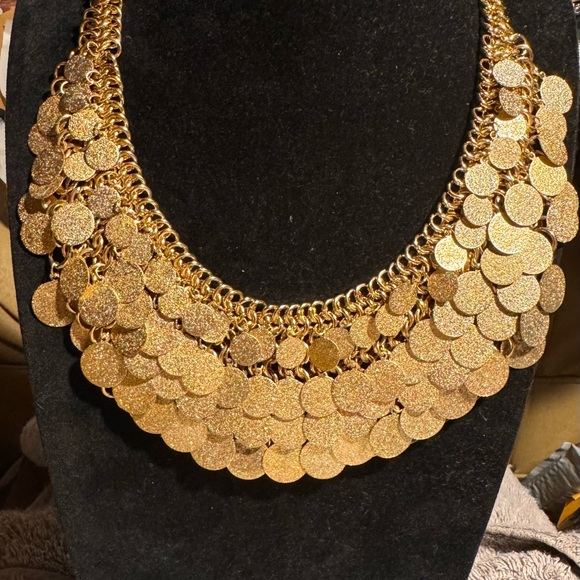 Vintage Jewelry - Vintage gold tone statement cha cha / bib necklace Woven Discs Multi Layers